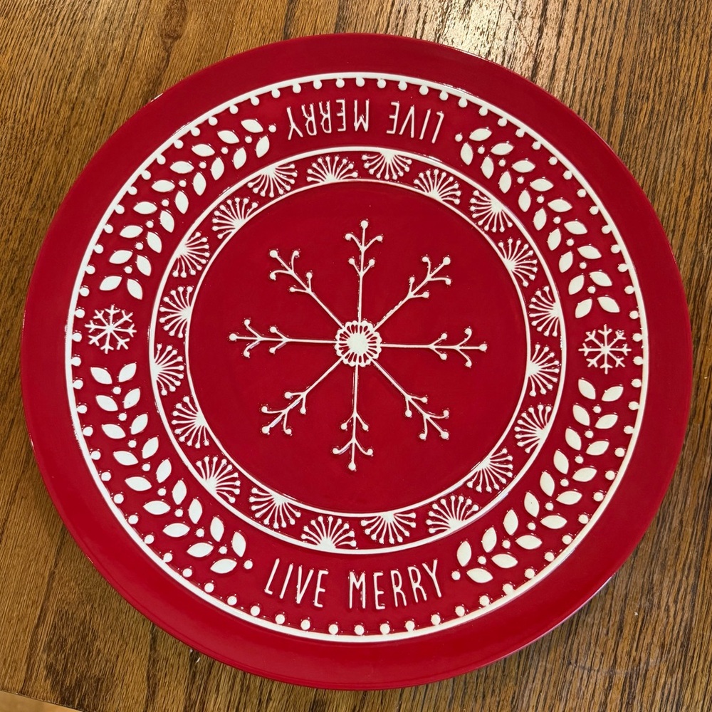 Hallmark Red “Live Merry” Holiday Plate with Raised Snowflake Design